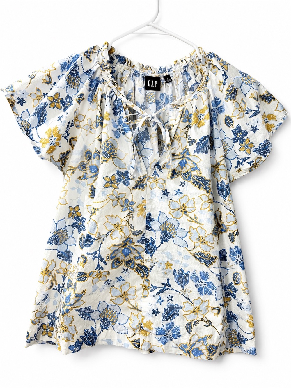 GAP 100% Cotton Floral Peasant Blouse Blue Yellow Tie Neck Flutter Sleeve